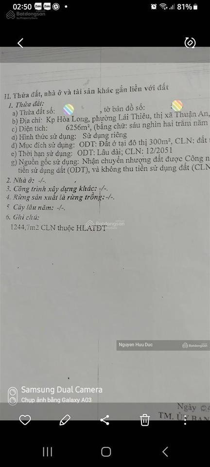 Bán đất mặt tiền đường ngô quyền (1,3 hecta) phường lái thiêu thuận an bình dương (thổ cư 2.359m2)