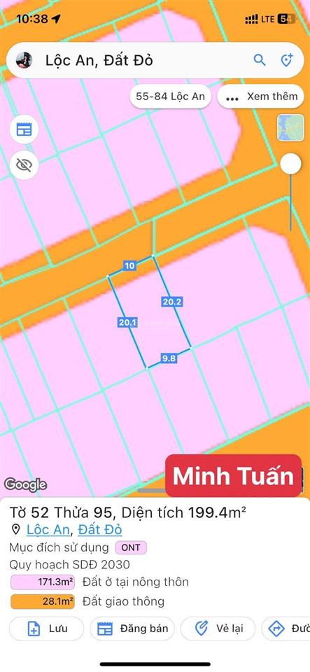 Bán đất ven biển lộc an, mặt tiền đường nhựa cách chợ lộc an 300m. dt 200m2 (10x20) full thổ cư