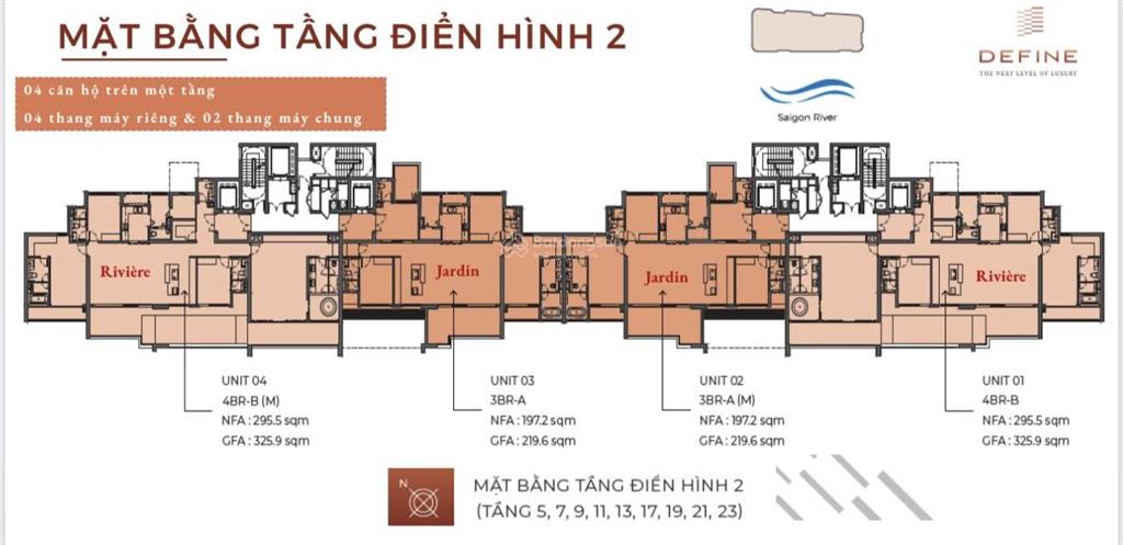 Giá bán 45 tỷ  căn hộ 4 phòng ngủ 325m2 tại define, mã 02 tầng cao view sông.  0931 356 ***
