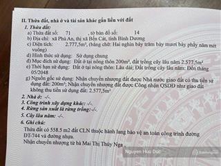 Bán đất mặt tiền dt 744 (2.777m2 thổ cư 200m2 xã phú an, thị xã bến cát bình dương đất 2 mặt tiền