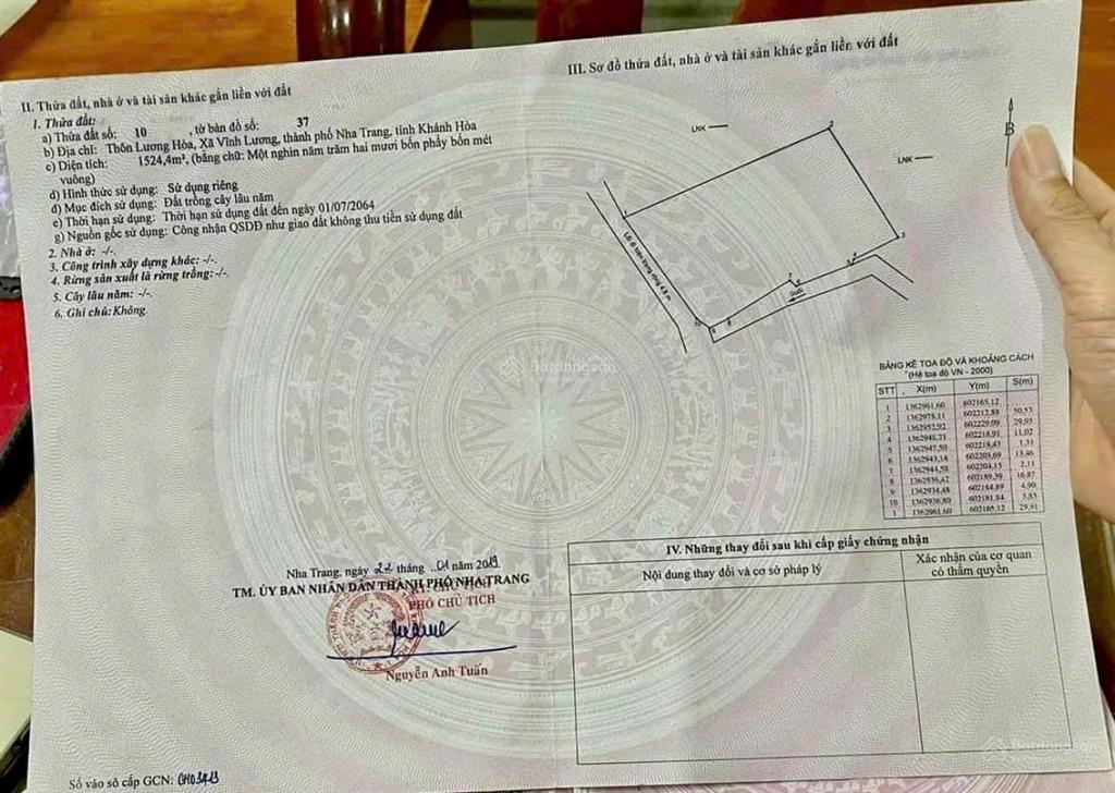 Bán đất thôn lương hoà  xã vĩnh lương  tp. nha trang. dt 1524m2 giá 4,5 tỷ