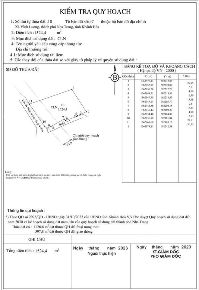 Bán đất thôn lương hoà  xã vĩnh lương  tp. nha trang. dt 1524m2 giá 4,5 tỷ