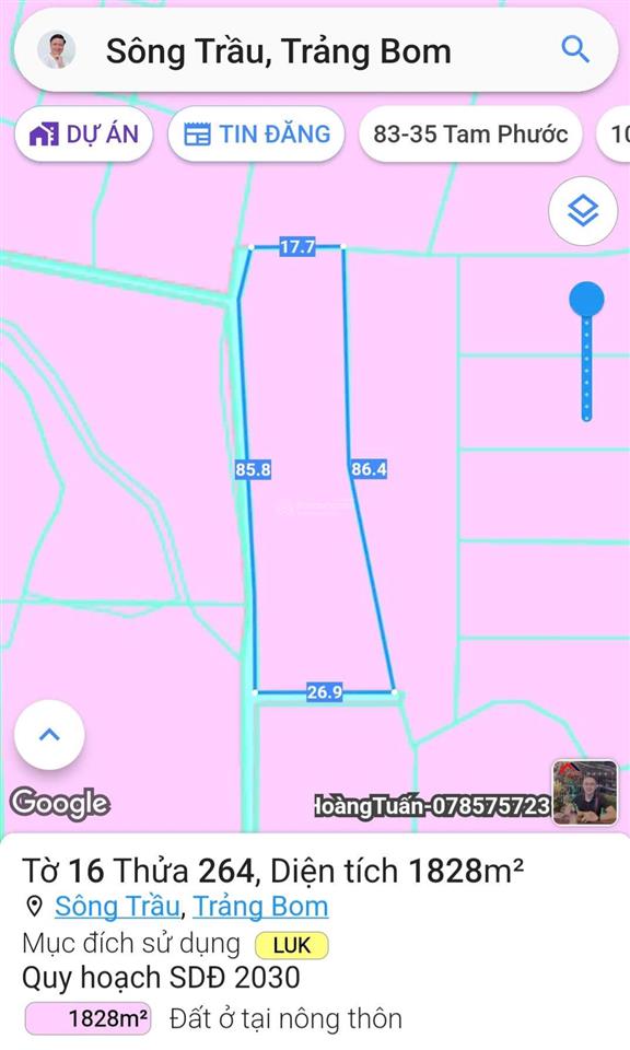 Bán 7 sào đất sông trầu, trảng bom, đồng nai (quy hoạch đất ở, gần đường trảng bom  thanh bình)