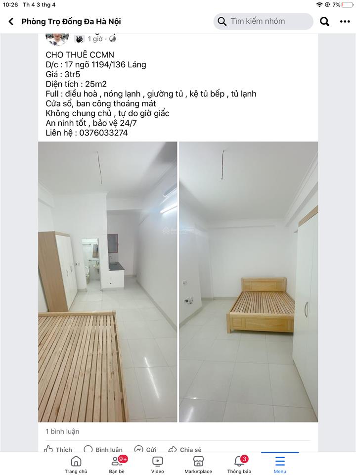 Cho thuê khép kín đủ đồ 2,4tr tại ngách 7 ngõ gốc đề minh khai