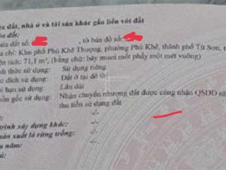 Bán đất đường nguyễn văn cừ /từ sơn/bắc ninh. diện tích 71,1m2. sổ đỏ chính chủ. ô tô vào nhà