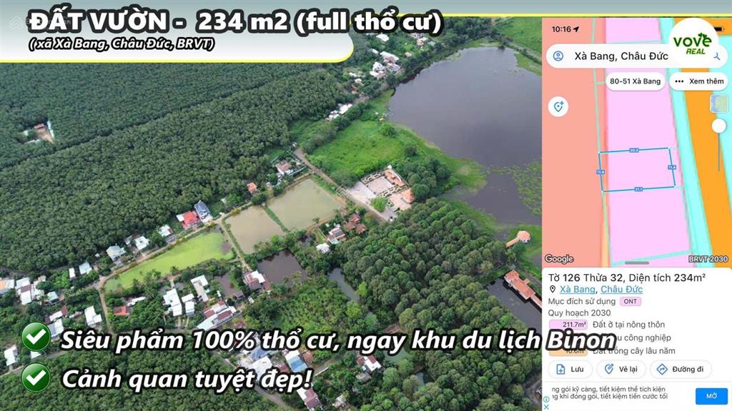 B223 bán nền 100% thổ cư, ngay cổng khu dl binon ca cao, tai xã xà bang, châu đức, brvt