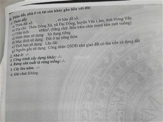 Bán lô đất 498m2 gần chợ nôm, đại đồng, văn lâm, hưng yên, giá 13tr/m2, ngõ thông oto tránh nhau