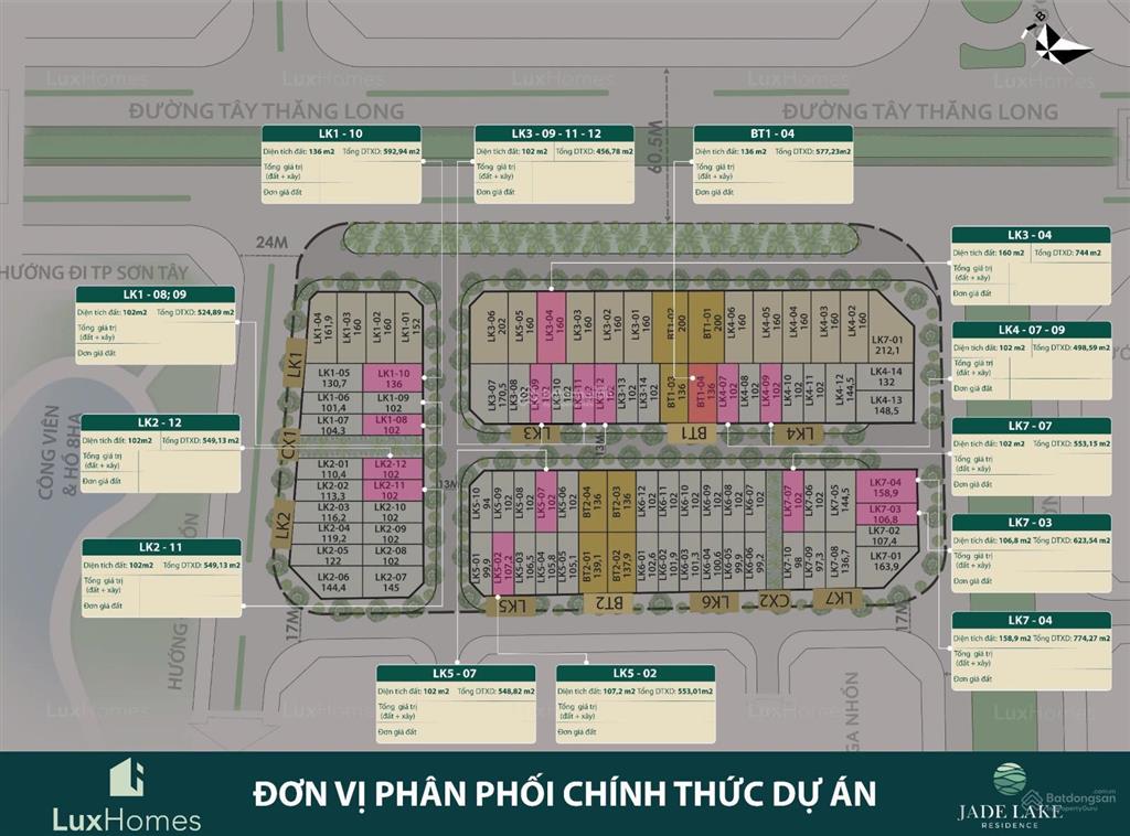Chính chủ liền kề 160m2 jade lake  tây thăng long, mt 8m, đường 60,5m giá 66 tỷ.  0989 862 ***