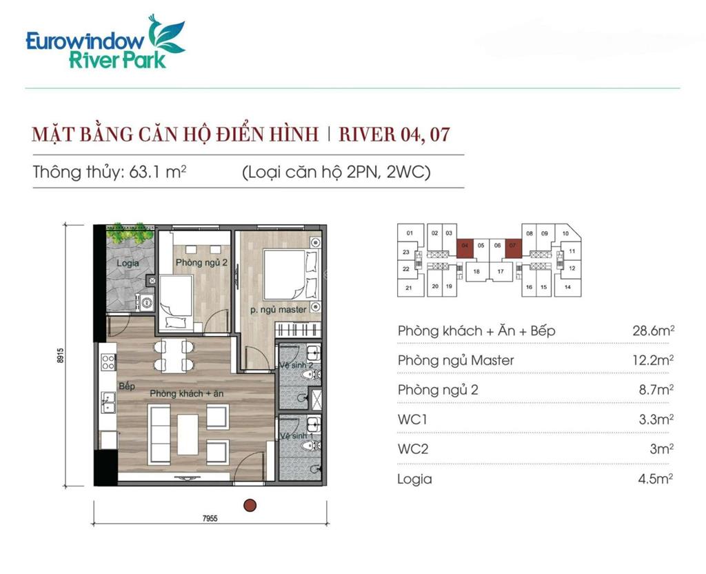 Cc bán chcc eurowindow river park 63m2, 2pn, 2wc, full nội thất, view sông.  0989 386 ***