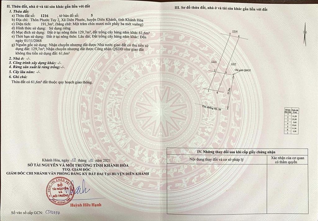 Đất thổ cư mặt tiền đường tỉnh lộ 8 đường nhựa rộng, quy hoạch 42m, diên phước, diên khánh