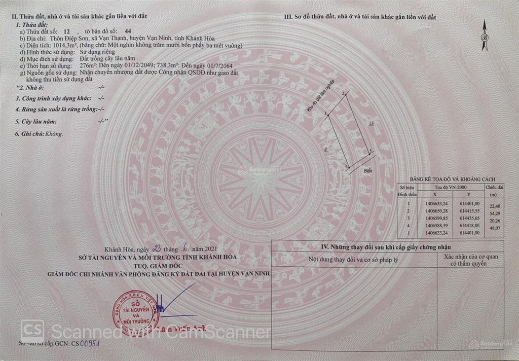 Duy nhất mặt biển du lịch điệp sơn nha trang giá đầu tư chỉ 3 triệu/m2  dt 4.175,1m2