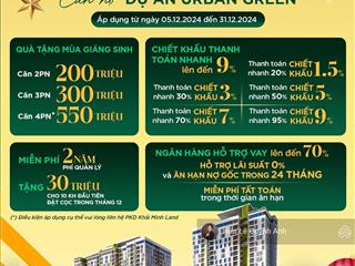 Urban green giỏ hàng cđt t12/2024, ck giảm tới 14%, tặng 200550tr, tặng pql 2 năm, 30% nhận nhà