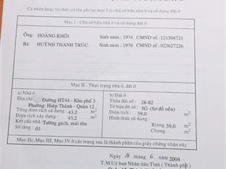 Bán nhà cấp 4 mặt tiền hiệp thành 44, diện tích 4x25m, hướng tây bắc, giá 5.5 tỷ,  0919 147 ***