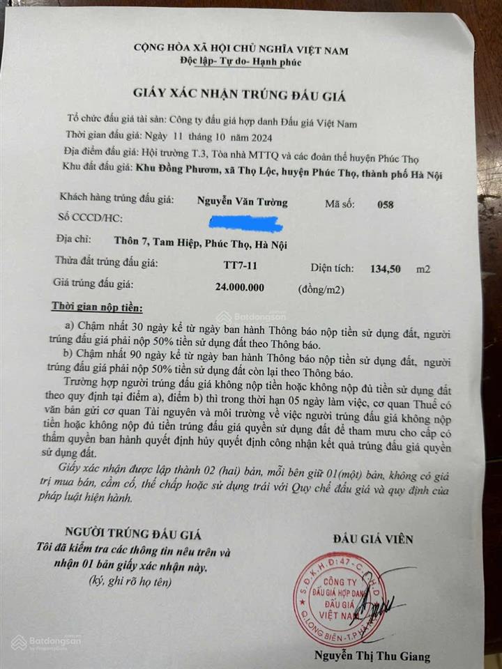 Chính chủ em bán đất trúng đấu giá khu đồng phươm xã thọ lộc, phúc thọ, hà nội bán ạ. 0976 613 ***