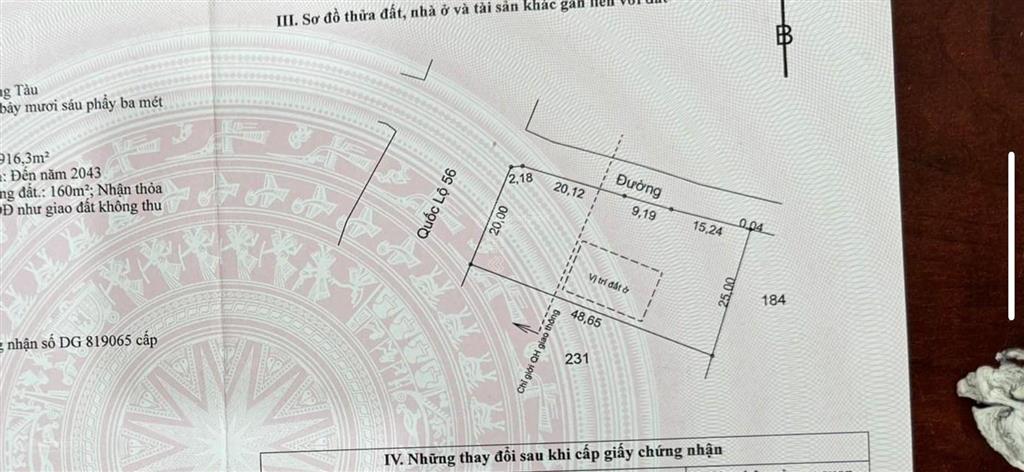 Mặt tiền quốc lộ 56, 20 x 50m 2 mặt tiền 160m2 thổ cư giá 12 tỷ 500tr