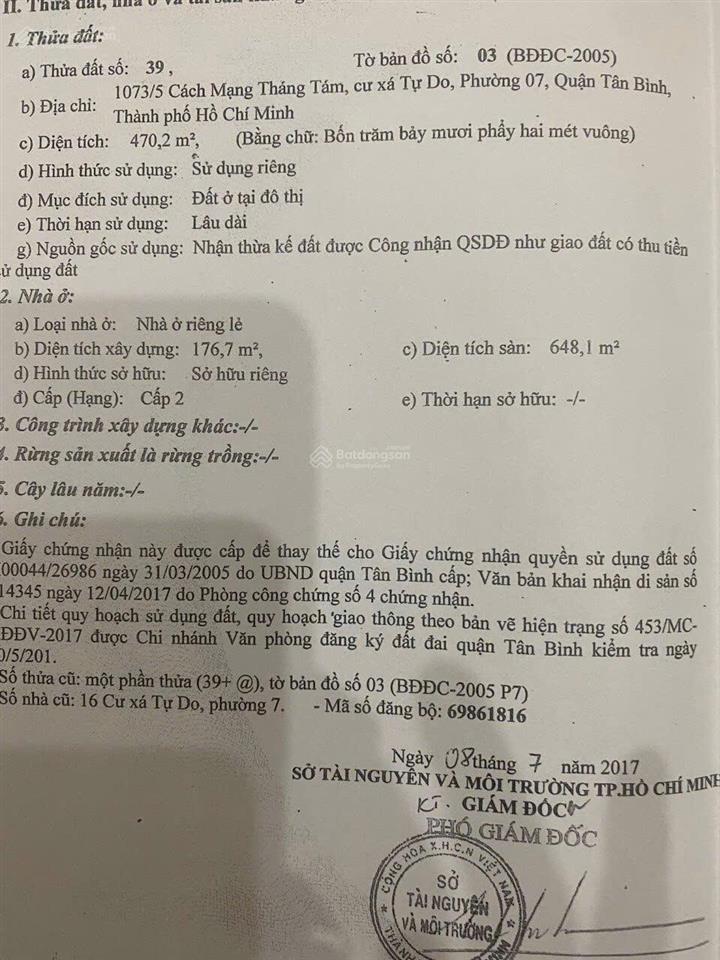 Tôi cần bán villa đc 1073/5 cmt8, bề ngang 29m dài 20m, đã xin giấy tách được 5 thửa, giá 99 tỷ