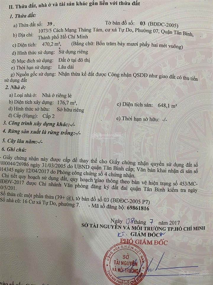 Tôi cần bán villa đc 1073/5 cmt8, bề ngang 29m dài 20m, đã xin giấy tách được 5 thửa, giá 99 tỷ