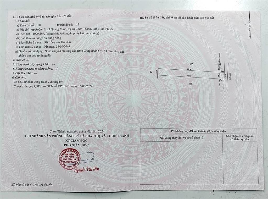 Chính chủ bán chơn thành dt 10x100 = 1000m2 giá 520tr