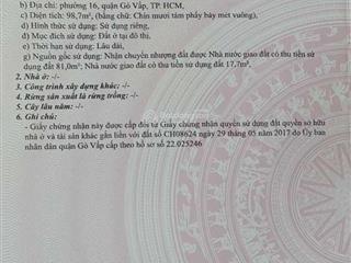 Bán lô đất hxh thông, đường nguyễn văn lượng, p16, ngay nhà văn hóa thiếu nhi, 6x20m, giá 6,5 tỷ