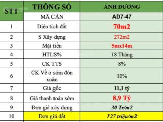 Cần bán gấp ánh dương 272m2 , giá 30 triệu m2. giá 8,9 tỷ bao phí