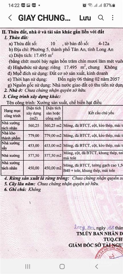 Bán xưởng đường cử luyện thành phố tân an, tỉnh long an. dtkv 17.495m2. giá tl.
