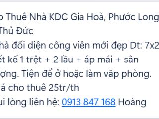 Cho thuê nhà kdc gia hoà, phước long b, tp thủ đức giá tốt.  0913 847 ***