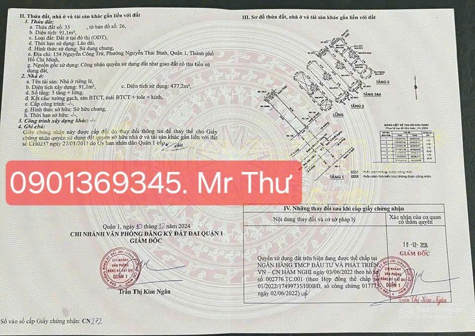 Cc bán nhà 6,5 tầng số 154 nguyễn công trứ  quận 1 dt 4,5x21 dtcn 91.1m2 giá 62,8 tỷ  0901 369 ***