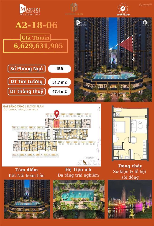 Bán căn 1pn giá tốt masteri park place the global city | tầng đẹp layout đẹp giá 6,629 tỷ