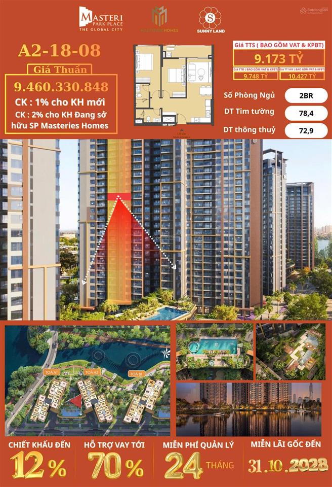 2pn rẻ nhất thị trường masteri park place | the global city q.2 chỉ 9,173 tỷ
