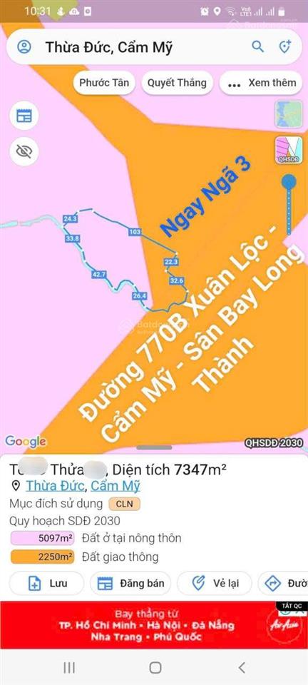 Bán đất dt 7800m mặt tiền đường 770b thừa đức, cẩm mỹ, kết nối sân bay long thành, giá 12 tỷ ...