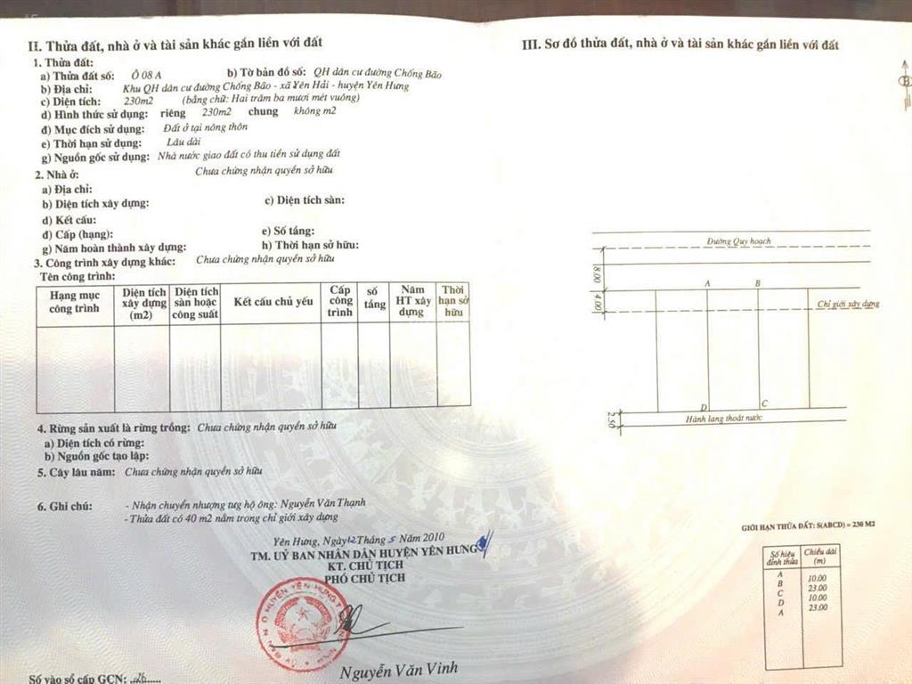 Chính chủ cần bán lô diện tích 230m2/lô tại phong cốc, quảng ninh giá 15tr/m2 bao phí