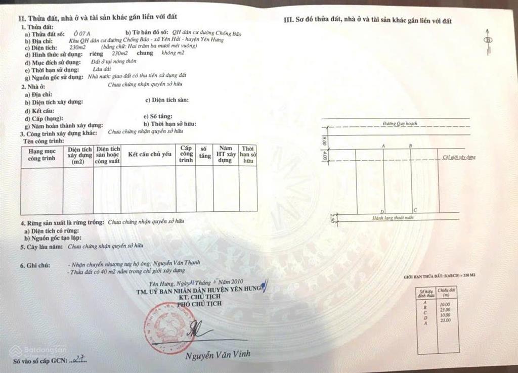 Chính chủ cần bán lô diện tích 230m2/lô tại phong cốc, quảng ninh giá 15tr/m2 bao phí