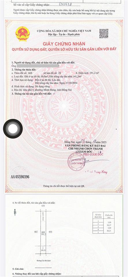 191.8m2 đất đường cao bá quát ql13 vào 1km, ngay kcn minh hưng chơn thành