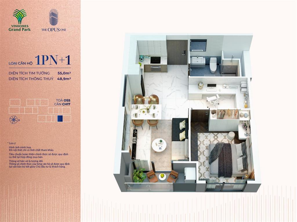 Hot deal! căn hộ 1 pn+ opus one, vinhomes grand park 54m2, 3,825 tỷ, view công viên, sông, xe vf3