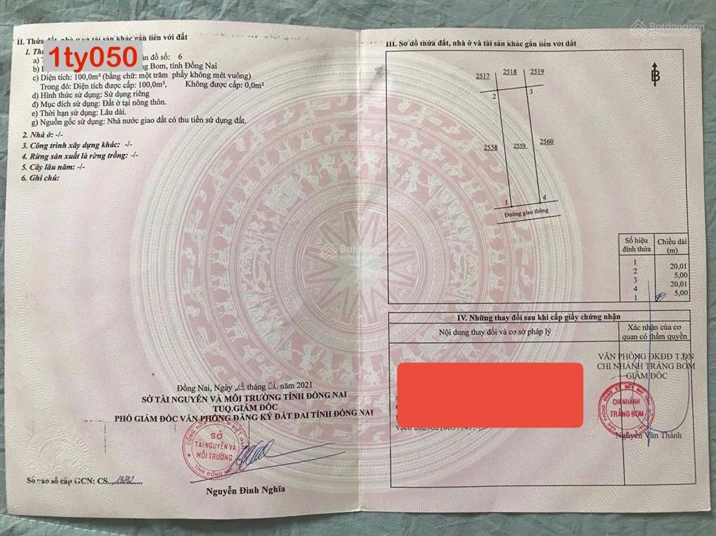 Lô đất thổ cư 100%, an viễn trảng bom, đồng nai 1 tỷ 050 triệu (sổ riêng, công chứng ngay)