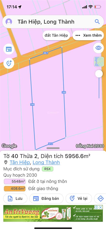 Bán đất tại xã tân hiệp, huyện long thành, đồng nai, 4 triệu/m2, 6000m2 hàng hiếm