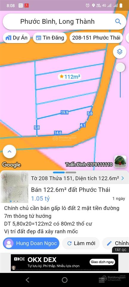 Đất thổ cư 2 mặt tiền đường 7m , phước bình, lt, đn