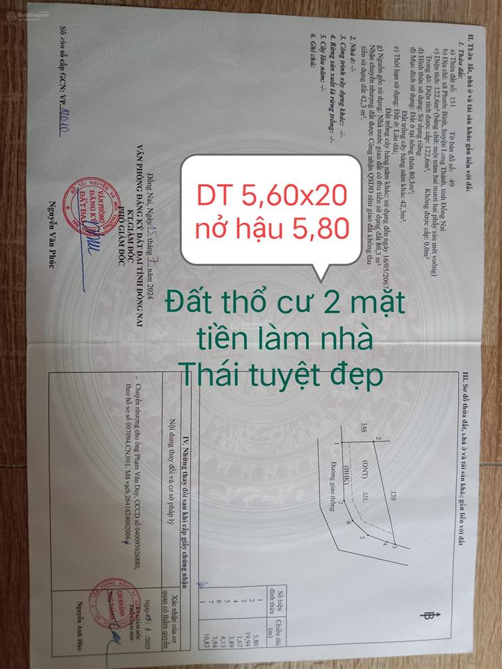 Đất thổ cư 2 mặt tiền đường 7m , phước bình, lt, đn