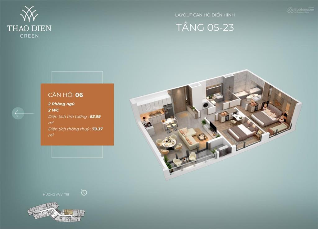 Căn hộ 2 phòng ngủ view sông, thaodien green, trục căn 04 dt 80m2. giá 17 tỷ.  0931 356 ***