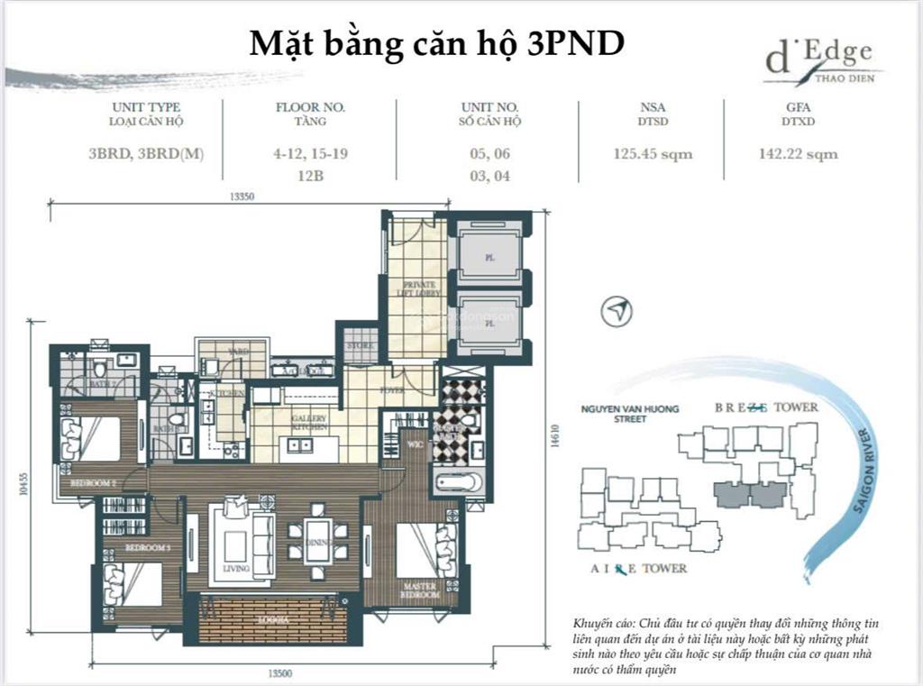 Căn 03 phòng ngủ view sông tại d'edge thảo điền dt 143m2 toà breze. giá 20,5tỷ  0931 356 ***