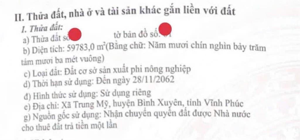 Chuyển nhượng lô đất nhà xưởng 7 ha trung mỹ, bình xuyên, vĩnh phúc, thuế 1 lần