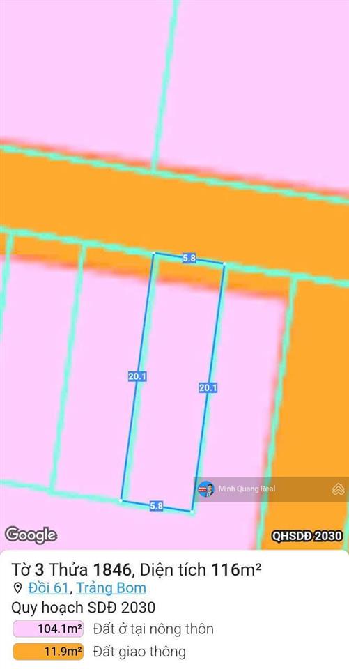 Bán 116m2 đất thổ cư xã đồi 61, đường nhựa 6m sát kcn bàu xéo 2 và đường đt 777