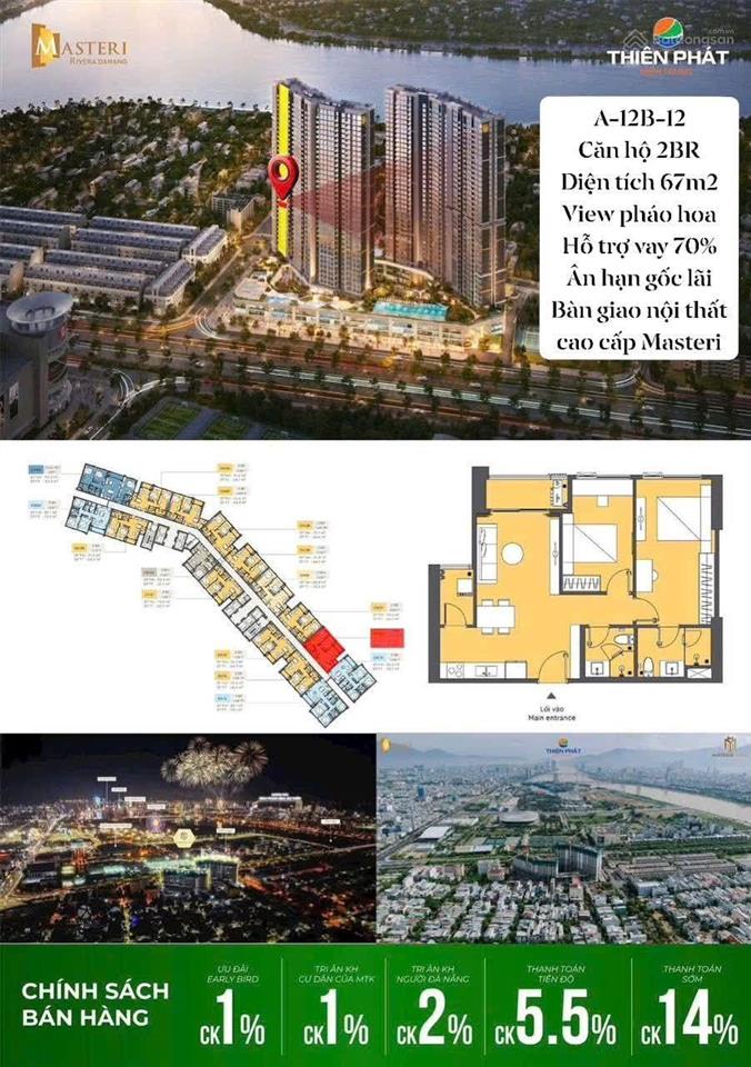 Độc quyền căn hộ a1412 view pháo hoa danang downtown masteri rivera, vay 70%, miễn lãi đến 2027