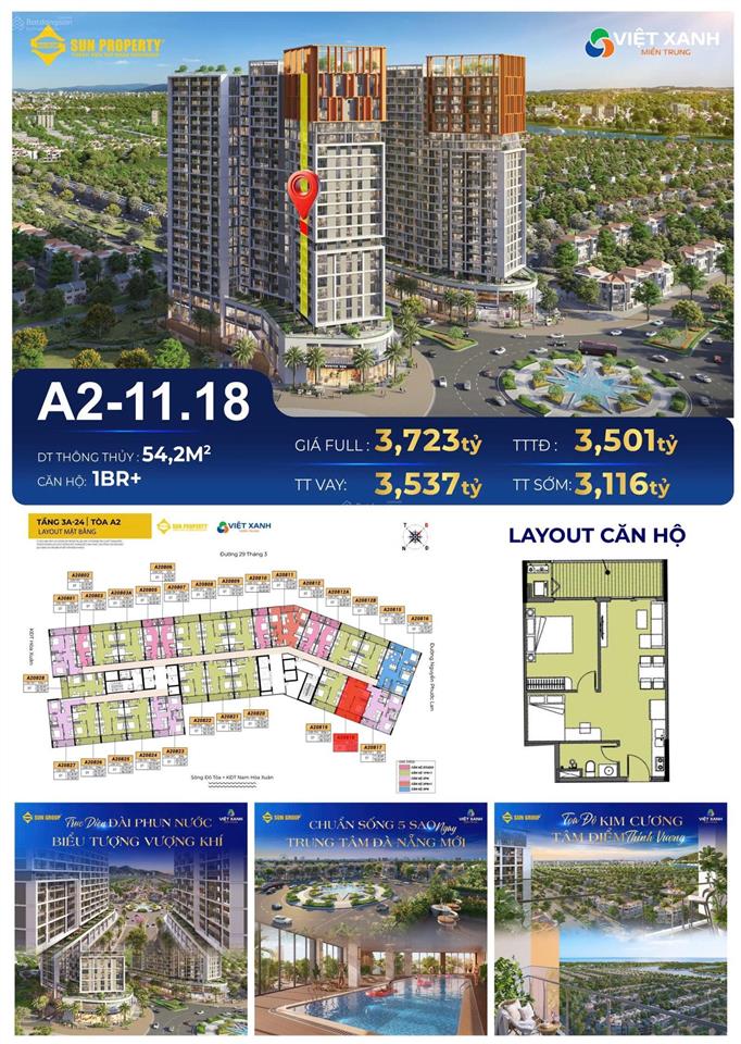 1.9 tỷ/căn sở hữu ngay căn hộ cora tower sun group  hoà xuân  ck booking 5%  miễn lãi vay 24 th