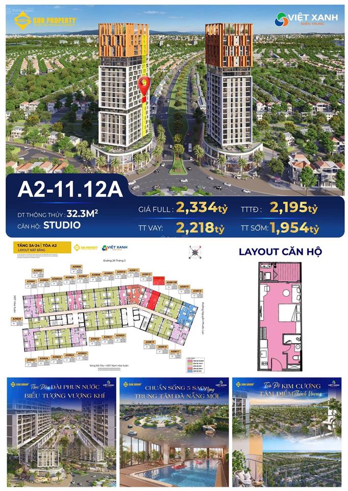 1.9 tỷ/căn sở hữu ngay căn hộ cora tower sun group  hoà xuân  ck booking 5%  miễn lãi vay 24 th