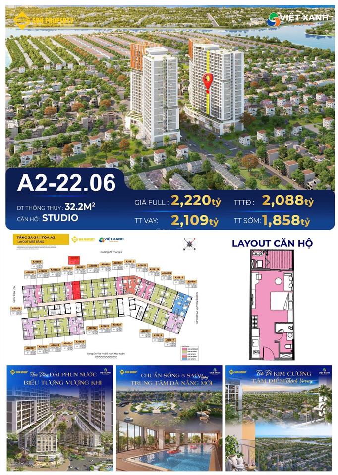 1.9 tỷ/căn sở hữu ngay căn hộ cora tower sun group  hoà xuân  ck booking 5%  miễn lãi vay 24 th