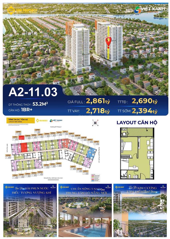 1.9 tỷ/căn sở hữu ngay căn hộ cora tower sun group  hoà xuân  ck booking 5%  miễn lãi vay 24 th