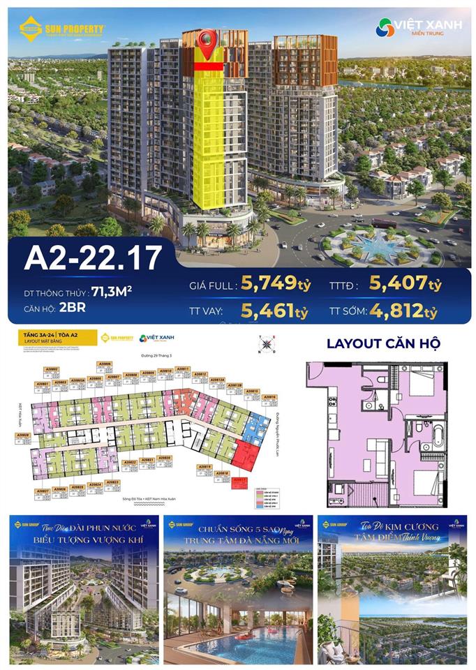 1.9 tỷ/căn sở hữu ngay căn hộ cora tower sun group  hoà xuân  ck booking 5%  miễn lãi vay 24 th