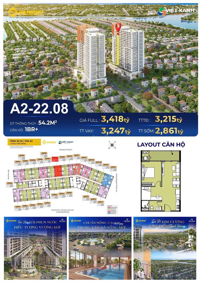 1.9 tỷ/căn sở hữu ngay căn hộ cora tower sun group  hoà xuân  ck booking 5%  miễn lãi vay 24 th