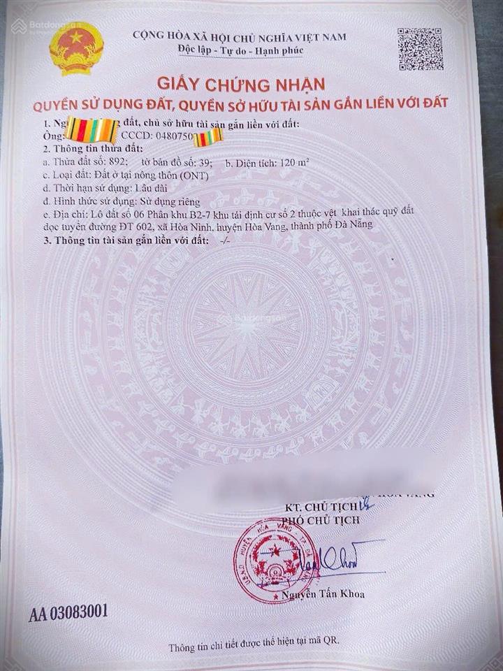 Bán đất đường 7,5m khu tái định cư hoà ninh, xã bà nà (mới)